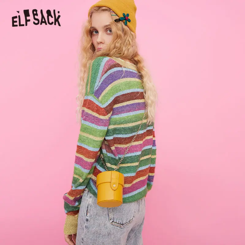 ELFSACK, Цветной полосатый милый свитер, Женский вязаный Топ, осень, v-образный вырез, корейский стиль, большие размеры, базовые свитера для девушек