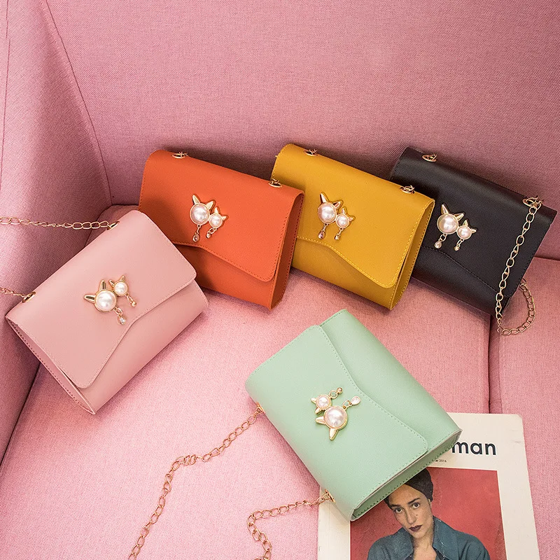 

Contrasting Color Chain Shoulder Bag Shoulder Mini Mobile Phone Change WOMEN'S Bag Cute Cat Ear Pearl Pendant Square Sling Bag