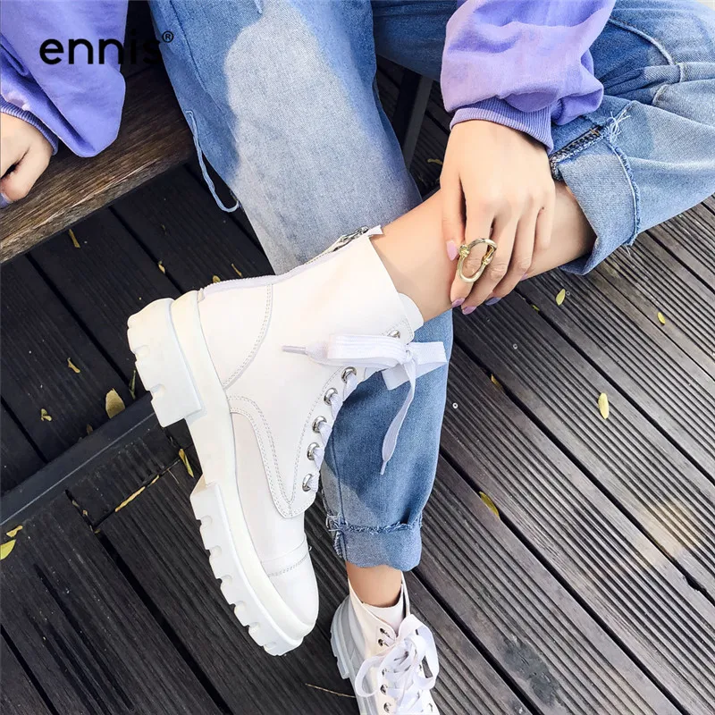 ENNIS/брендовые белые ботинки из натуральной кожи; женские ботинки на платформе; женские ботинки на шнуровке; сезон осень-зима; черная обувь на молнии сзади; A9183