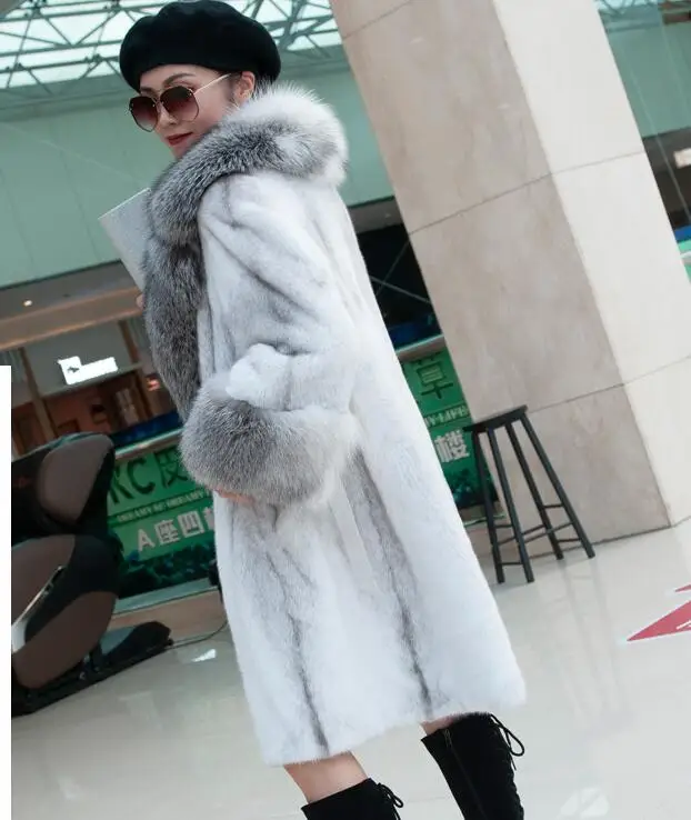 New women's natural real import mink fur coat with fox fur collar outwear Long