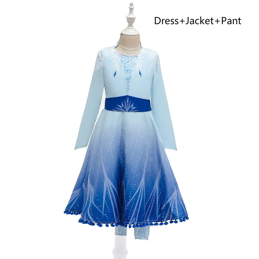 Newest Princess Dress for Girls Snow Queen Elsa Cosplay Christmas Dress Disfraz Elsa 2 Party Long Sleeve Long Vestidos 12Ys - Color: ZH042-Blue 3Piece