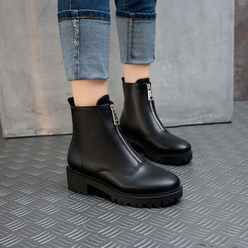 

YMECHIC Autumn 2019 Black Womens Shoes Front Zipper Platform Punk Chunky Heels Ankle Boots Female Ladies Bootie White Big Size