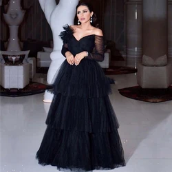 Simple Black Tulle Tiered Prom Dress For Woman A Line Off Shoulder With Long Sleeves Formal Party Gown V Neck Plus Size Vestidos