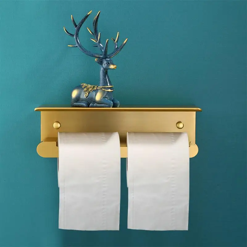 Aluminum Alloy Paper Storage Rack Towel Holder Texture Wall Mount Tissue Roll Organizer Shelf Mobile Phone Bathroom(Golden