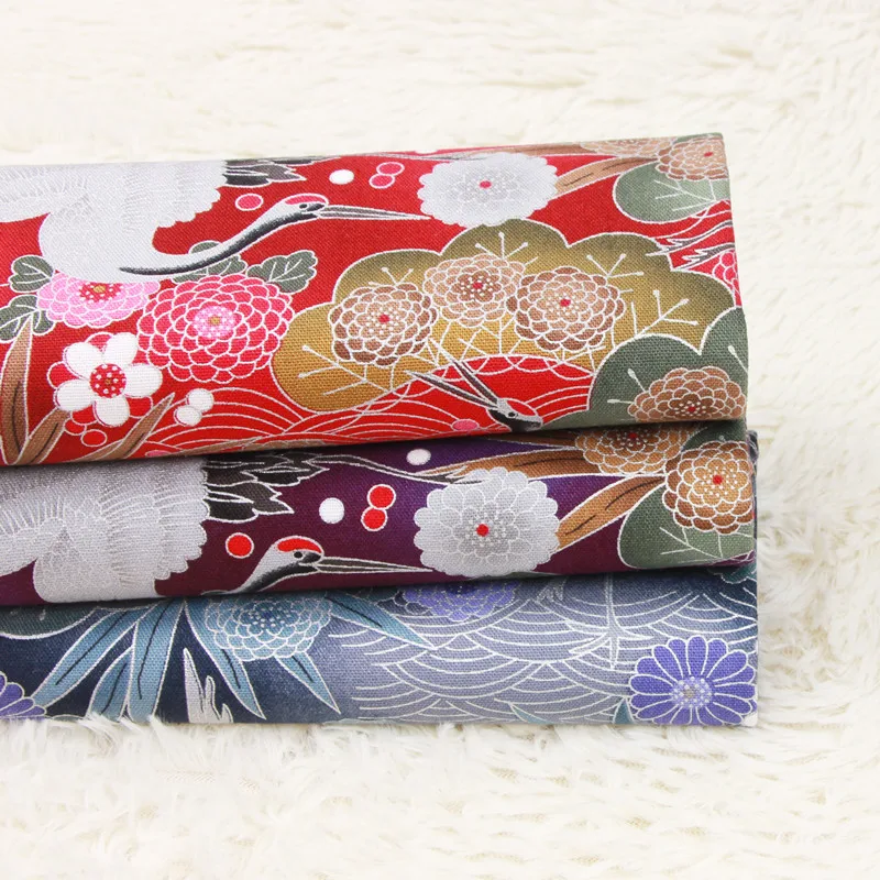 

half yard thicken cotton fabric Japanese soft breeze silver red-crowned crane print, handmade DIY bag sewing tissue B366