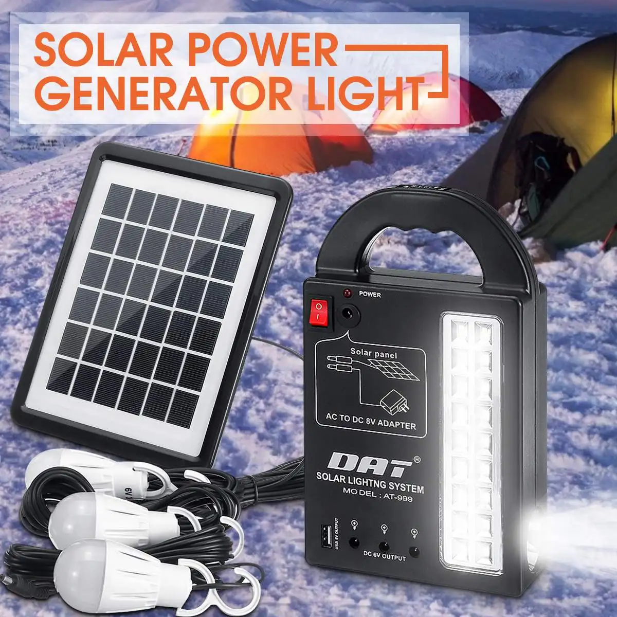 3 LED Bulbs Solar Power Generator Home System Solar Power Panel Storage Generators USB Charger 110-220V 50/60Hz Durable