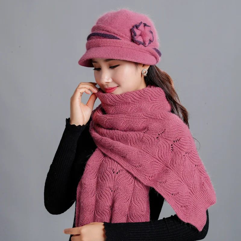 New Winter Women Rabbit Fur Hat Scarf Set Lady Warm Wool Knitted Plush Hat Scarf Crochet Sets Beanie Mother Caps Scarf Shawl Gif