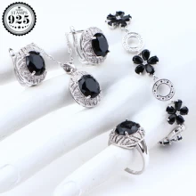 Серебряный 925 комплекты украшений для женщин черный кубический цирконий серьги кольца Свадебные украшения Cosutme ожерелье набор подарочная коробка