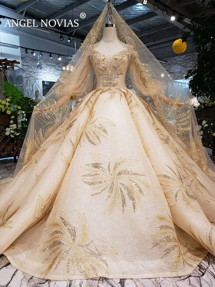 Золотой ANGEL NOVIAS, роскошное бальное платье, арабские кружевные свадебные платья,, длинные рукава, с открытыми плечами, Vestido de Novia, свадебные платья - Цвет: Золотой