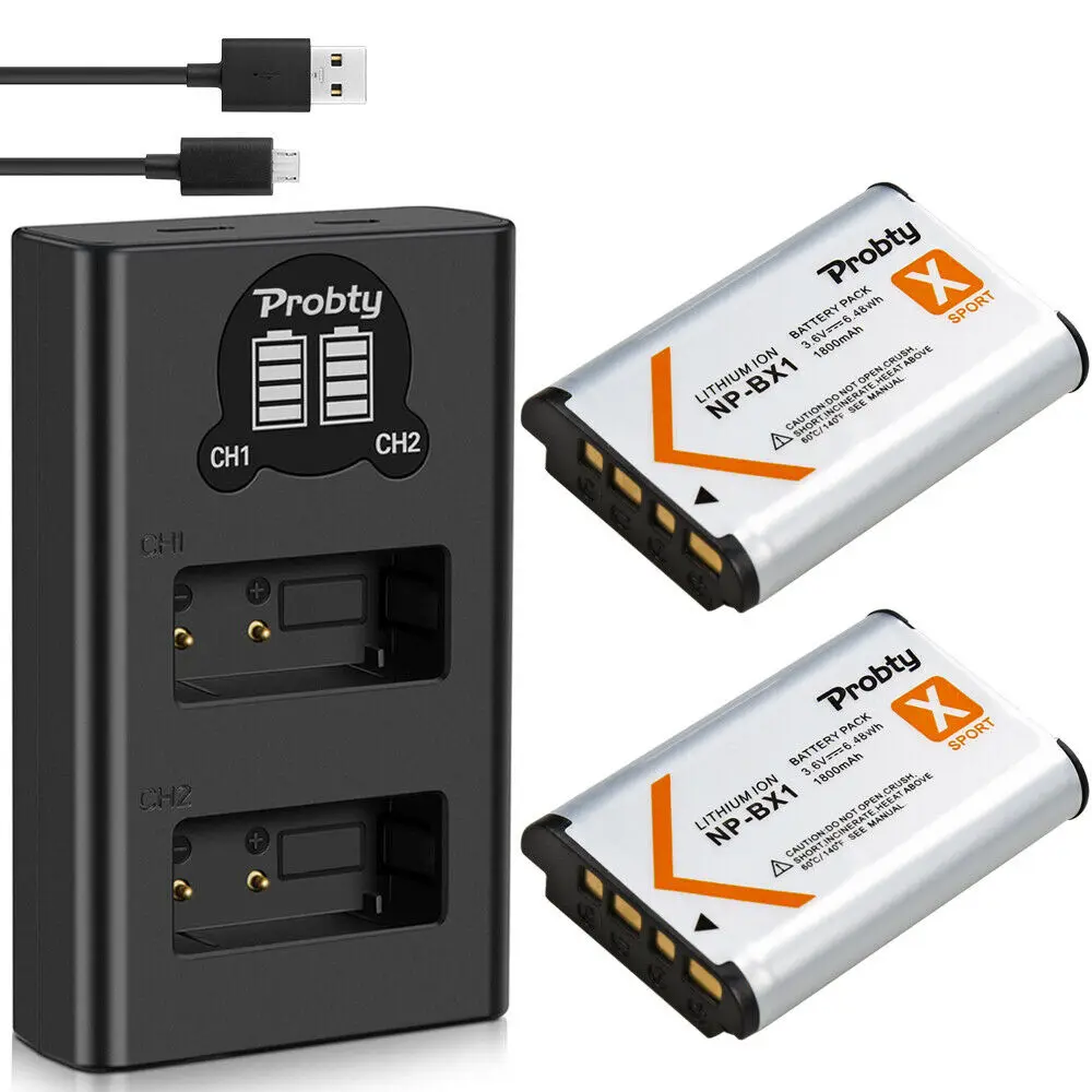 PROBTY 2Pcs NP-BX1 NP BX1 Batteries+ LED Charger For Sony DSC-RX100 DSC-WX500 IV RX10 II HX300 WX300 HDR-AS15 CX240E MV1 AS30V