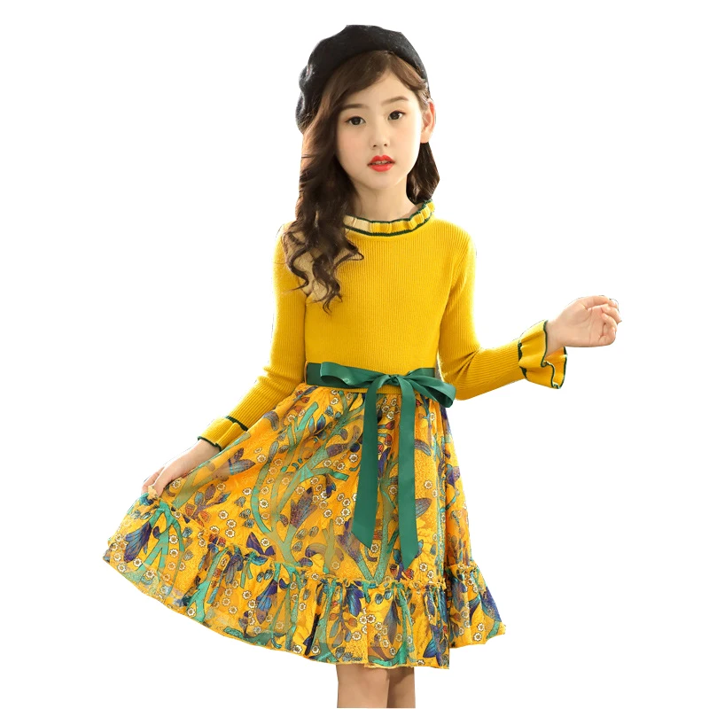 Teen Girls Sweet Sweater Dress Baby Cute Spring Autumn Girl Party Princess For Kids Flowers Long Sleeve 10 12 8 Year | Детская одежда и