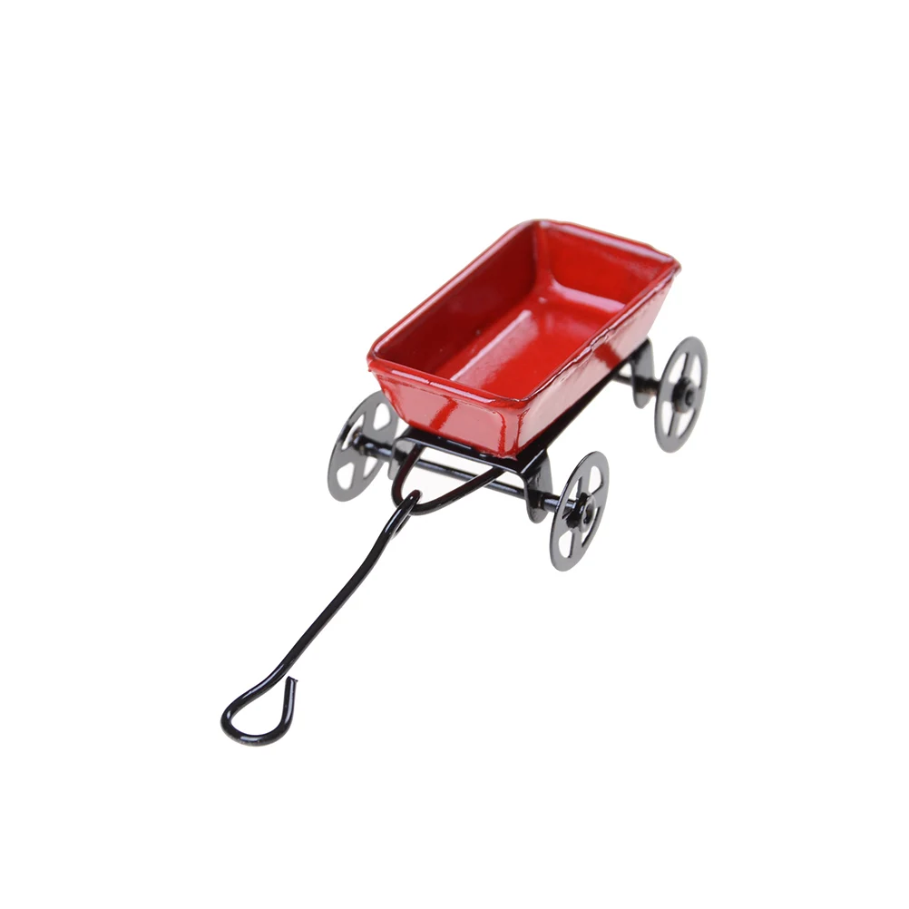 

1:12 Mini Cute Dollhouse Miniature Metal Red Small Pulling Cart Garden Furniture Accessorie Toy For Home Decor Gift Ornament