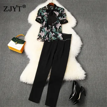

High Quality Designer Runway Suit Set Women 2020 Summer Style OL Pants Two Piece Set Bow Collar Chiffon Blouse and Pants Suit