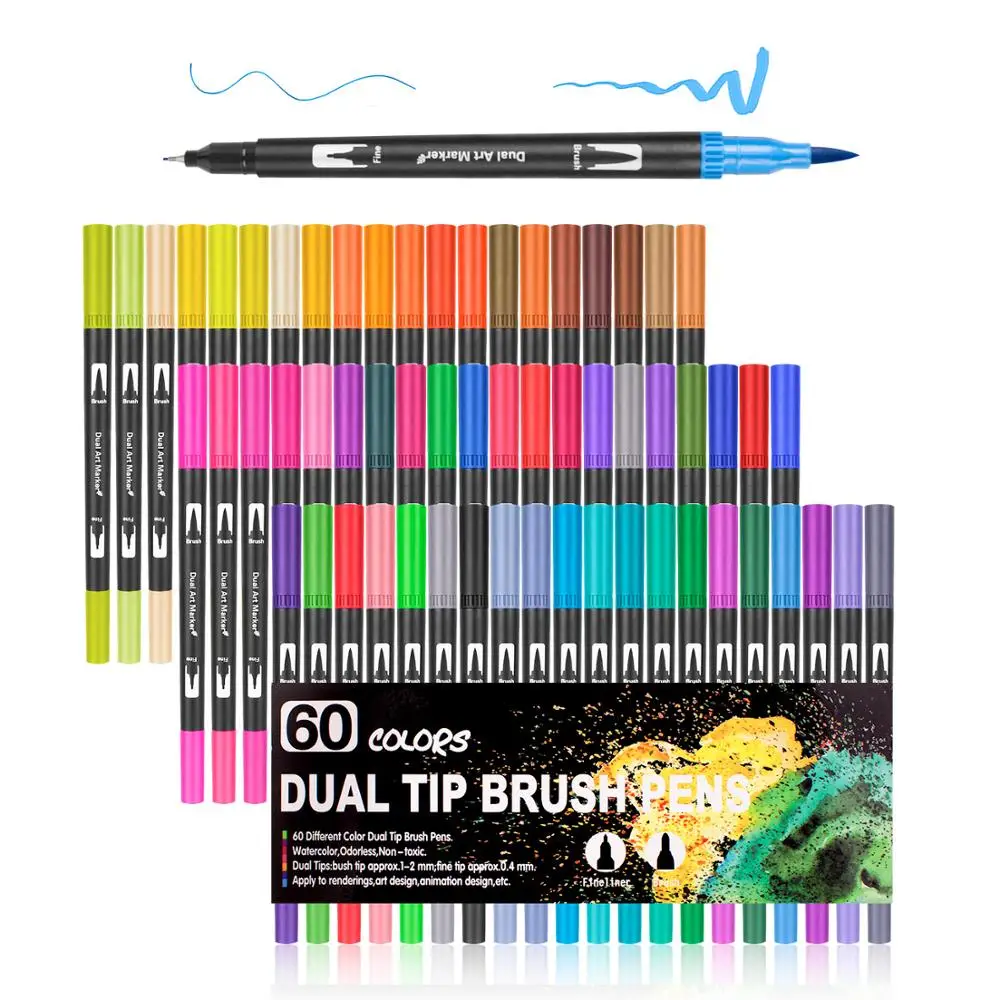 Акварельная кисть 12 24 36 48 60 72 100 120 цветов акварельные маркеры двойной наконечник эскиз набор для рисования школы товары для рукоделия - Цвет: 60 Colors Black