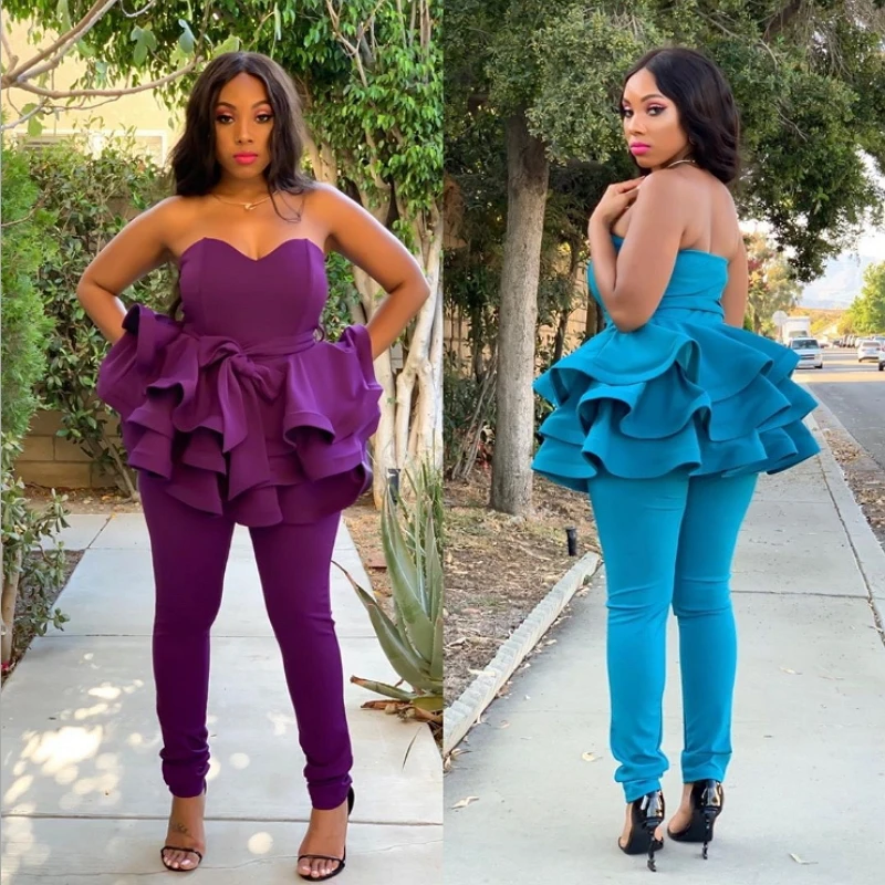 

Backless Pullover 2 Piece Set Women Peplum Outfits Ruffles Sexy Strapless Costumes Clothing Pants Sweat Suit Off Shoulder Tube