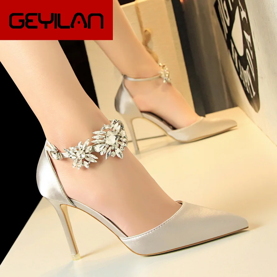 

European and American style high heel women's shoes with high heel satin shallow mouth pointed rhinestone word with sandals