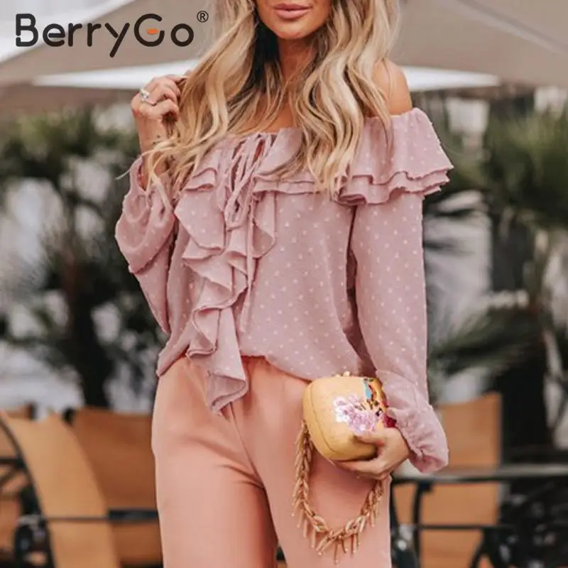 BerryGo, Сексуальная Блузка с открытыми плечами и рюшами, женская, элегантная, шикарная, праздничная, весна-лето, топы, Женская Повседневная рубашка с длинным рукавом, топ, blusas