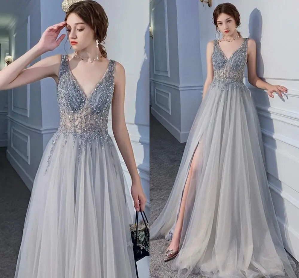 

Sexy V-Neck Side Split Long Evening Dress 2020 New Arrivals Backless Sparkly Slit See Through Prom Party Gowns Abendkleider Lang