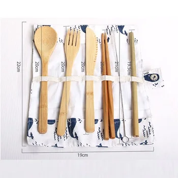

Reusable Bamboo Straw Spoon Fork Knife Chopsticks Cleaning Brush with Cloth Bag Bamboo Tableware Set WB817