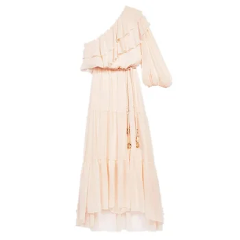 

Off-the-shoulder lady dress 2020 new Gentle temperament ruffled woven tether belt women long dress