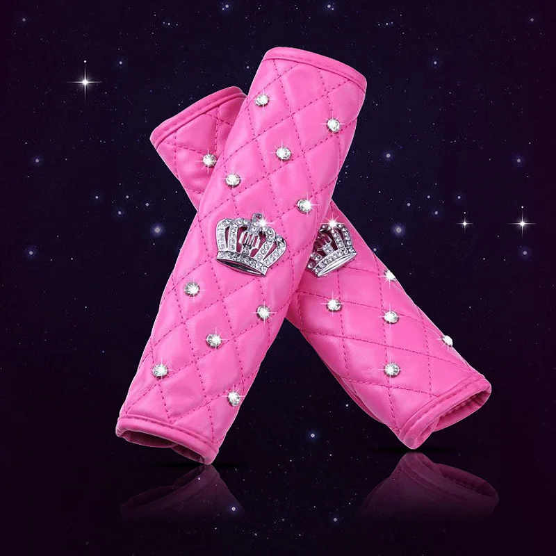 2pcs Fashion Rhinestone Leather Car Sefety Seat Belt Cover Crystal Crown Universal Shoulder Pad Car Styling Interior Accessories car accessories,seat belt covers,car seat belt accessory,safety belt shoulder guard