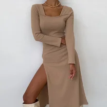 

Autumn Women Long Sleeve Solid Color Slit Elastic Knit Dress