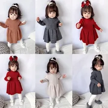 Стильное осенне-зимнее вязаное платье для маленьких девочек модный свитер с круглым вырезом для маленьких девочек платье-свитер для маленьких девочек