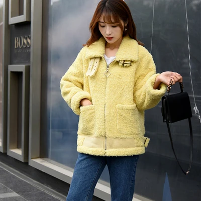 Стрижки овец пальто с мехом для Женщин натуральном овечьем меху куртка, шерстяное пальто размеры больше стандартных F1138 - Цвет: yellow