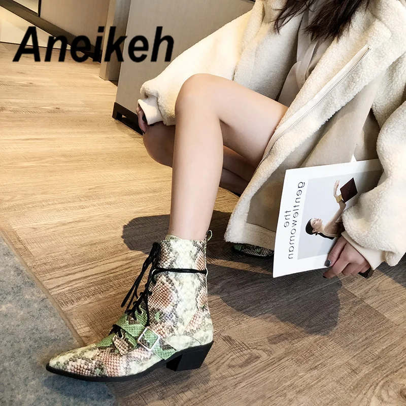 

Aneikeh NEW 2020 Spring Autumn Green Cossacks Chelsea Boots Pointed Toe Cross Strap Lace Up Zipper Women's Boots Med Heel Shoes