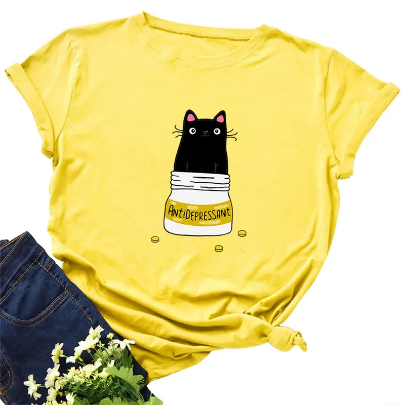 Мода плюс размер женская футболка хлопок o-образным вырезом Топ кошка медицинский контейнер печатные футболки хорошего качества Летняя женская футболка