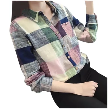 Vintage Turn-down Collar Shirt Women Blouse Autumn Workwear Plaid Tops Casual Lapels 3