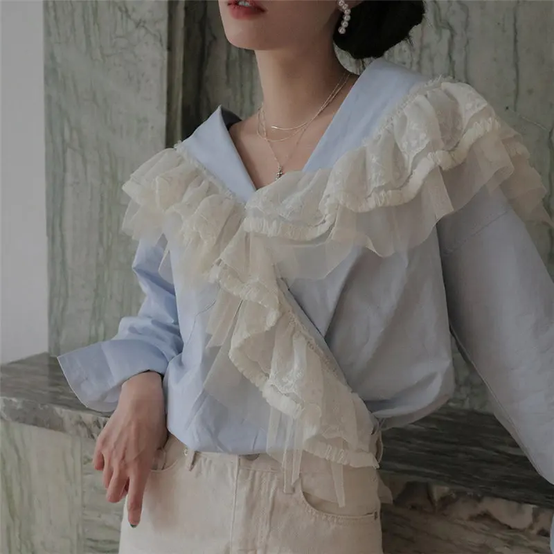 Alien Kitty 2020 OL Patchwork Lace Lady Vintage Deeply V-neck Ruffles Chic Long Sleeve Elegant Top Loose Shirt Women Blouses | Женская