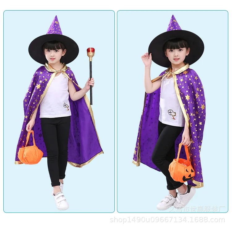 Halloween Cloak Children's Watch Performance Magician Wizard Bronze Five-Star Mantle Cloak Hat Set