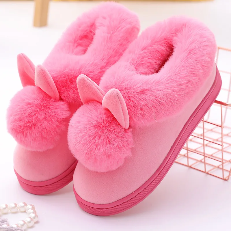 ZHENZHOU/хлопковая обувь с длинными ушками; женская зимняя теплая обувь на толстой подошве; домашняя обувь на деревянном полу; хлопковая обувь - Цвет: Красный