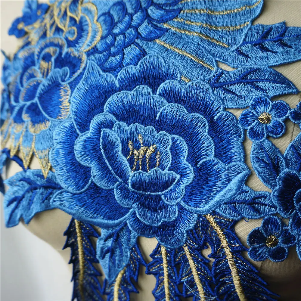 Синий павлин феникс длинный хвост с цветочной вышивкой кружевной ткань для платьев аппликации воротник пришить патч для свадебного украшения платье DIY