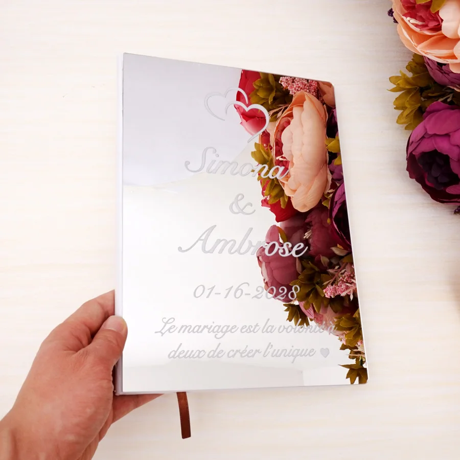 26x 19cm Custom Love Heart Wedding Signature Guest Book Personalized Mirror Front Cover Bride Groom Party Decor Favors Gift