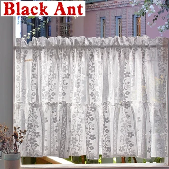 

French Vintage Lace White Yarn Curtain for Bay Window Kitchen Floral Pattern Short Curtain Partition Drape XDL-JD015#40