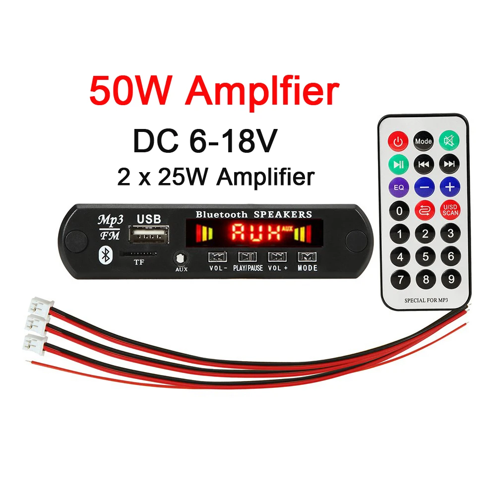 50W Amplifier MP3 Bluetooth Decoder 12V 2*25W Amplifier Car FM Radio Module Support TF USB AUX folder playback Decoding board 