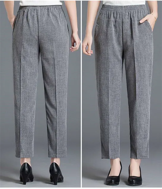 Middle Aged Elderly Women's Trousers Spring Summer Thin Cotton And Linen  Pants 6xl Mother's Elastic Waist Stretch Pant - Pants & Capris - AliExpress