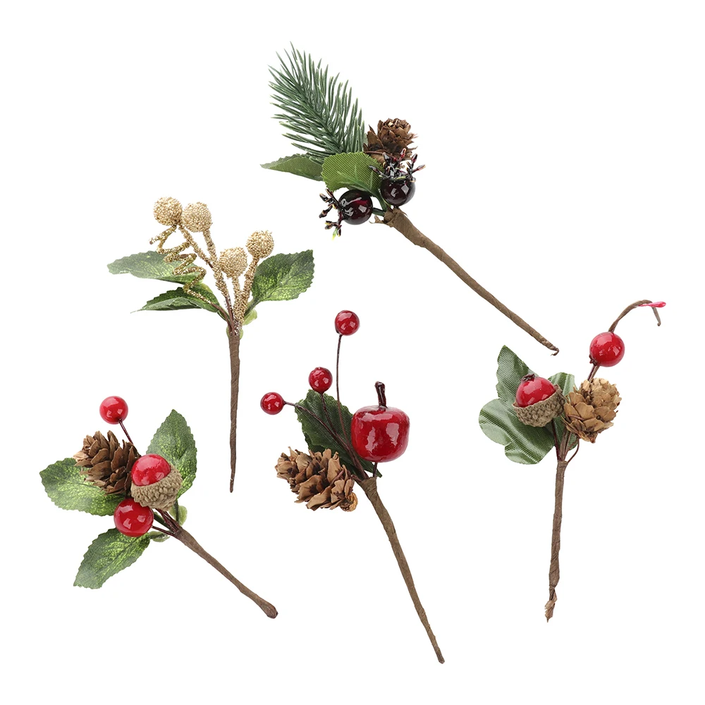 5 шт. красные рождественские ягоды и сосновый конус выбор с ветками Холли для праздника декор с цветами Цветочные поделки искусственный цветок