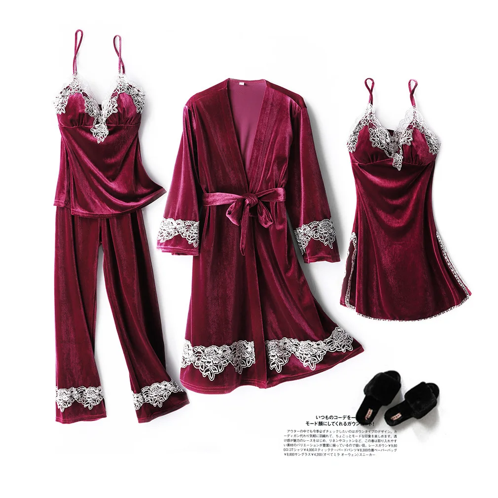 Feier/комплект из 4 предметов, банный халат, женское однотонное осенне-зимнее домашняя одежда для сна, Новое поступление, кружевное белье, мини-платье - Цвет: Красный