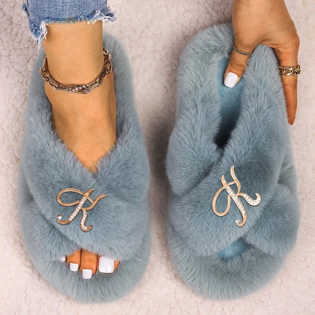 Slippers Women Furry Slides Fashion Rhinestone Letter Fluffy Flip Flops Ladies Winter Slippers Platform Sandals Female Shoes Blue2