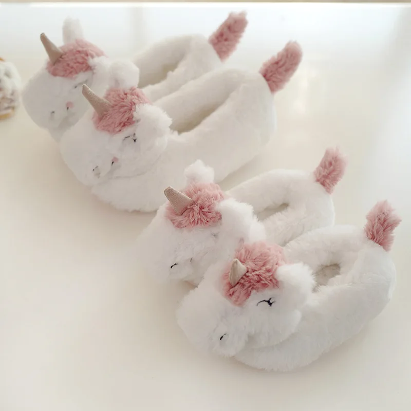 Unicorn Slippers Warm Winter Children Women mother shoes Rabbit White fur Slippers for Baby Family Cartoon Home Shoes Kids