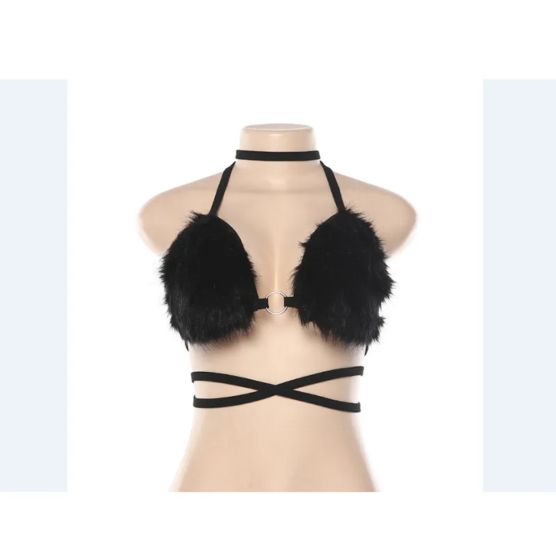 Sexy Women Fur Soft Plush Fleece Bras Pink Black Halter Crop Tops Ladies Underwear Bras Short Top women bra erotic lingerie