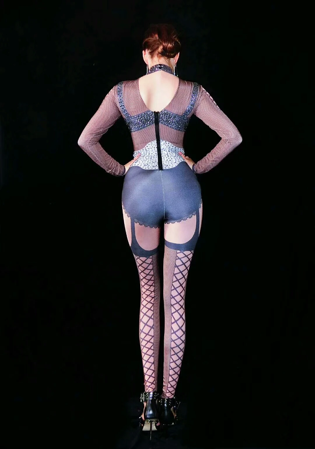 Печать Стразы Боди Леггинсы Костюм DS Певица Сценическая Одежда Mesh DJ Dance WEAR Партии Стрейч Комбинезон Экипировка