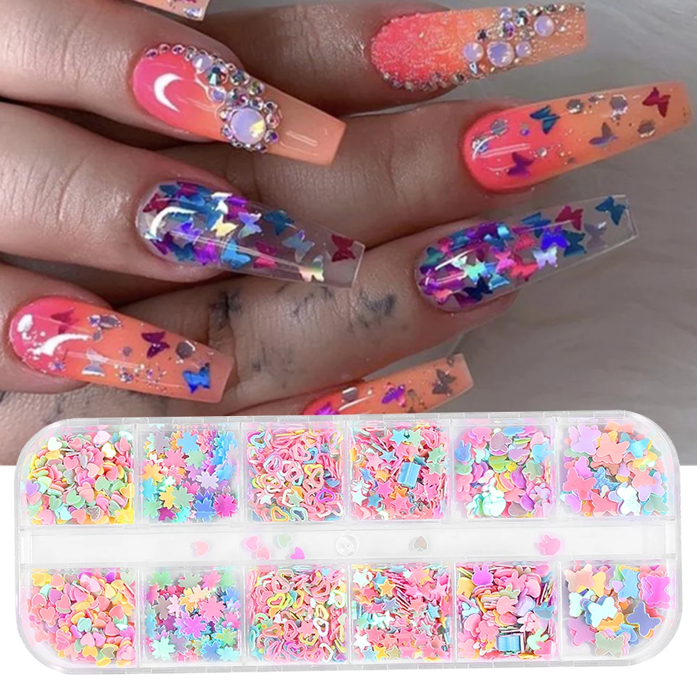 

1Bag/Box 3D Multi-Color Iridescent Shapes Mixed Embellishments Nail Glitter Sequins Rabbit Butterfly DIY Nail Art Decoration