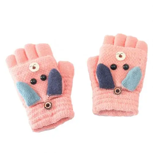 Pink Милые однотонные зимние мягкие теплые детские вязаные перчатки для мальчиков и девочек с рисунком собаки из мультфильма, варежки, рождественский подарок, Новинка - Цвет: Pink