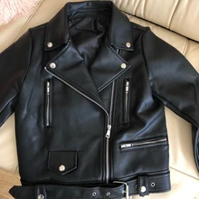 FAKUNTN New Women Spring Autumn Black Faux Leather Jackets Zipper Basic Coat Turn-down Collar Motor Biker Jacket With Belt