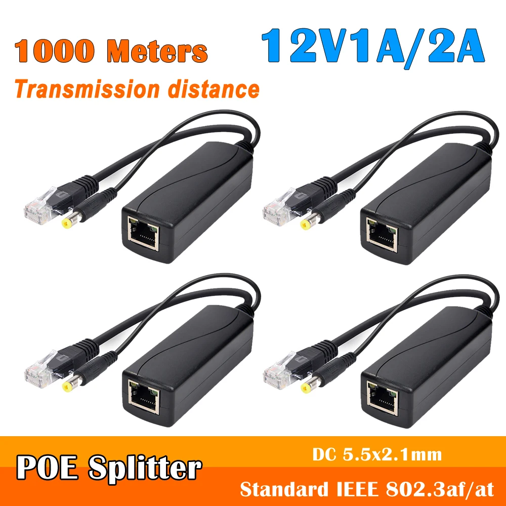 4pcs POE Splitter 48V to 12V/1A /2A Output Adapter Injector Connector IEEE802.3af/at 1000M for IP Camera | Безопасность и защита