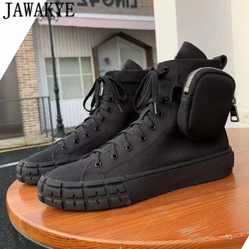 

JAWAKYE Black Canvas Sneakers High Top flat Platform Casual Shoes Pocket Decoration Designer Shoes Women
